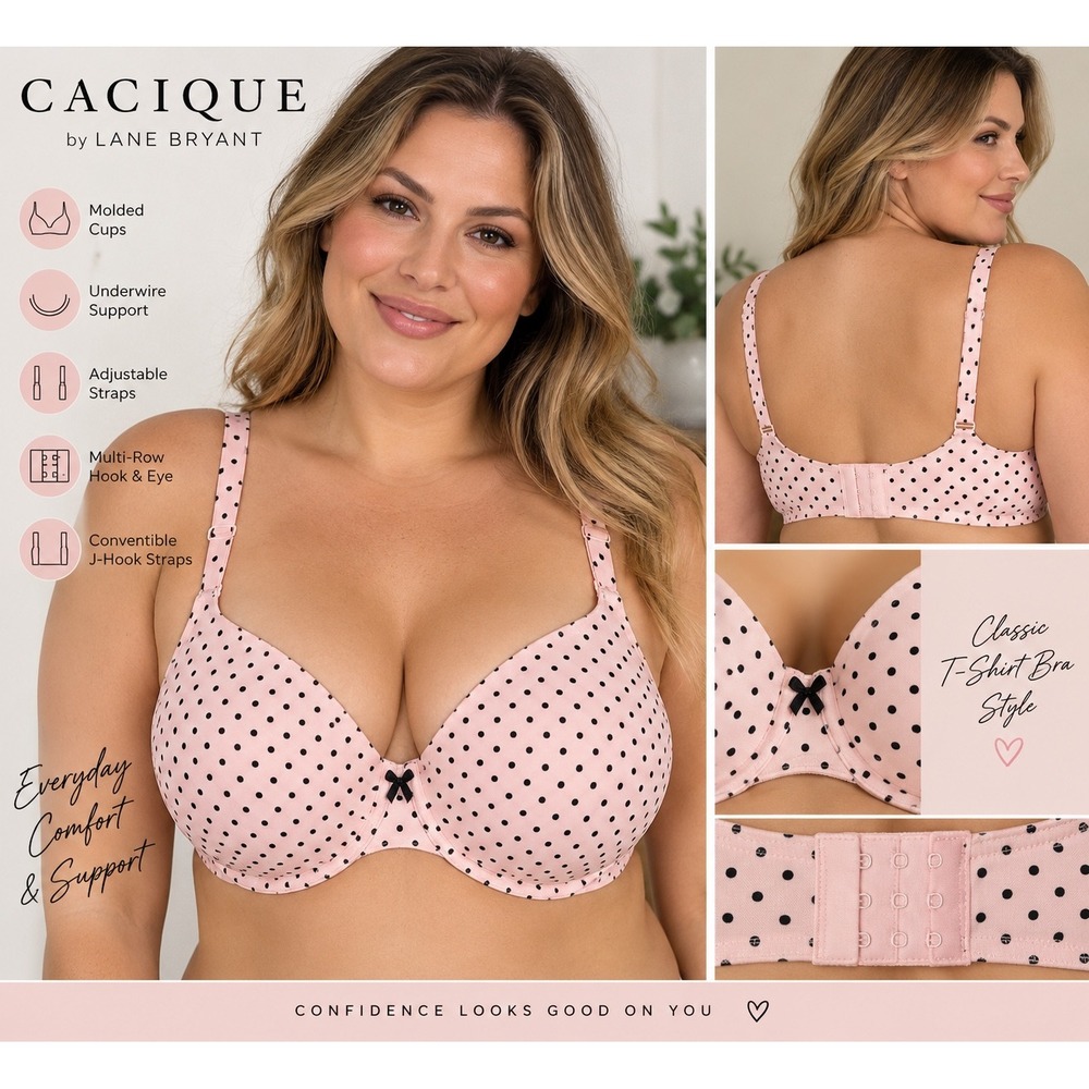 Cacique Lane Bryant Pink Polka Dot Cotton T-Shirt Bra 44DD Underwire Convertible